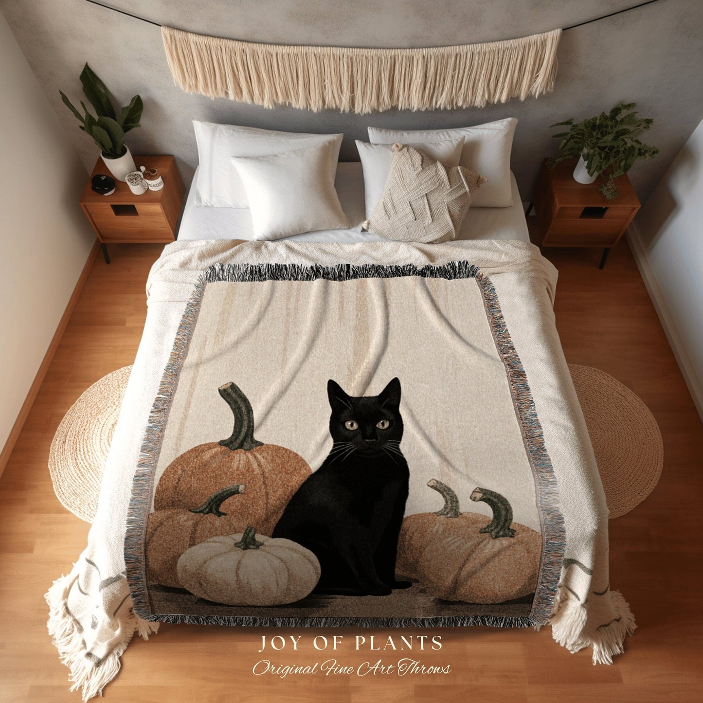 Autumn Decor Halloween Pumpkin Tapestry Black Cat Woven Throw Blanket | Spooky Season Black Cat Halloween Decor Dark Cottagecore Tapestry