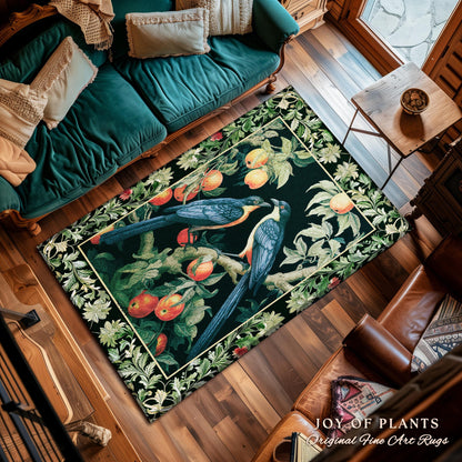 Victorian Gothic Woodland Bird Botanical Rug | Dark Cottagecore Decor Bird Crowcore Gothic Raven Dark Academia Love Bird Gift Forestcore Rug