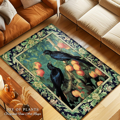 Dark Botanical Black Raven Rug Gothic Forestcore Home Decor | Dark Academia Crowcore Decor Whimsigoth Aesthetic Bird Art Decorative Area Rug