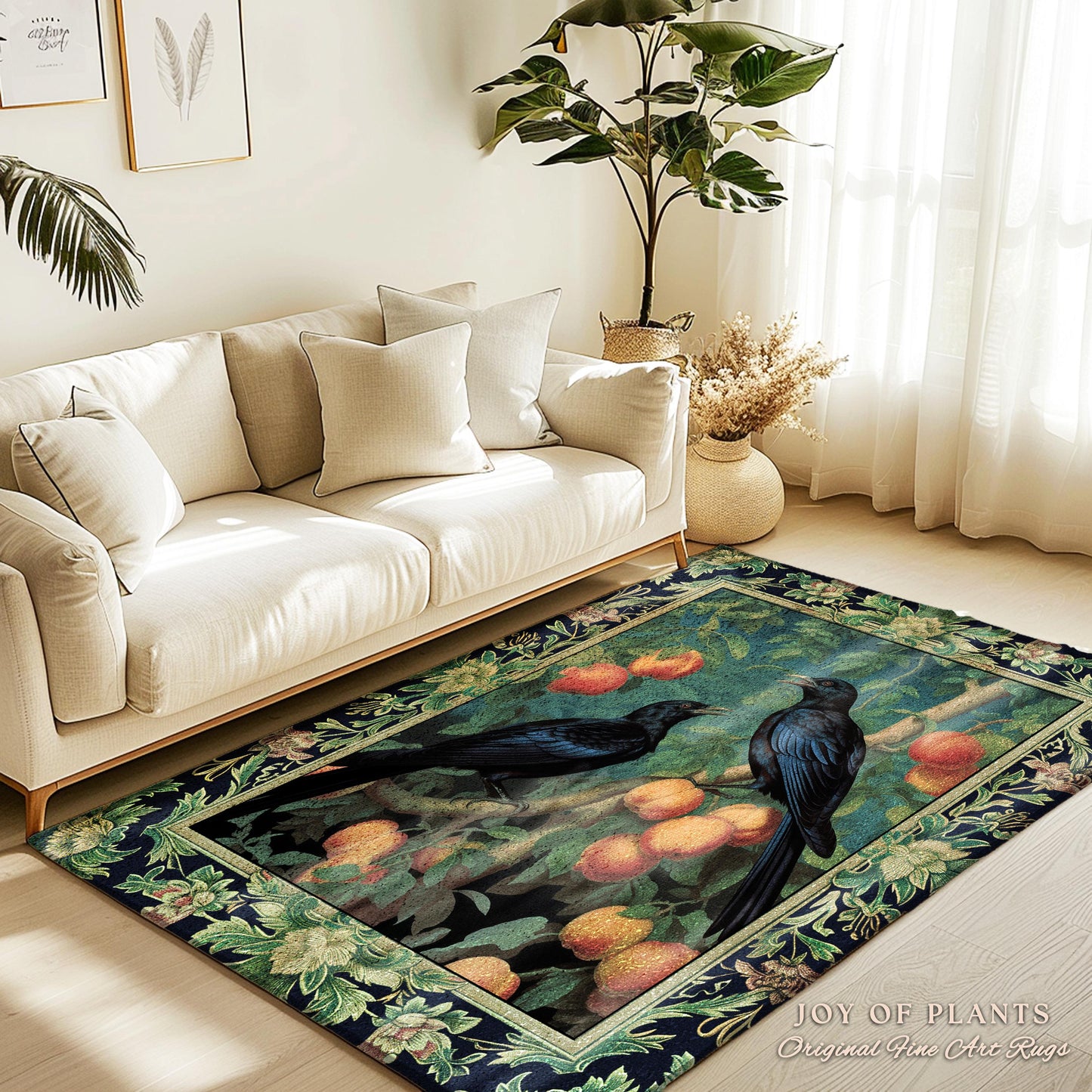 Dark Botanical Black Raven Rug Gothic Forestcore Home Decor | Dark Academia Crowcore Decor Whimsigoth Aesthetic Bird Art Decorative Area Rug