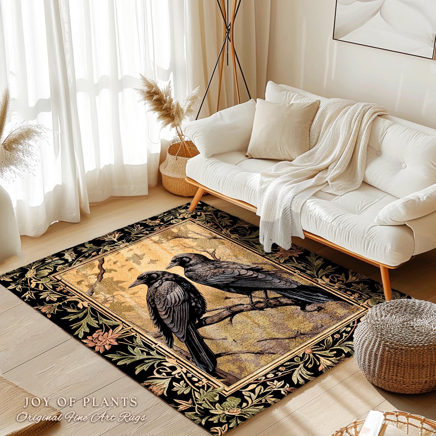 Golden Gothic Raven Rug Whimsical Cottagecore Botanical Decor | Witchy Cottage Aesthetic Vintage Crowcore Rustic Farmhouse Style