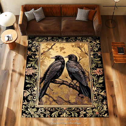 Golden Gothic Raven Rug Whimsical Cottagecore Botanical Decor | Witchy Cottage Aesthetic Vintage Crowcore Rustic Farmhouse Style