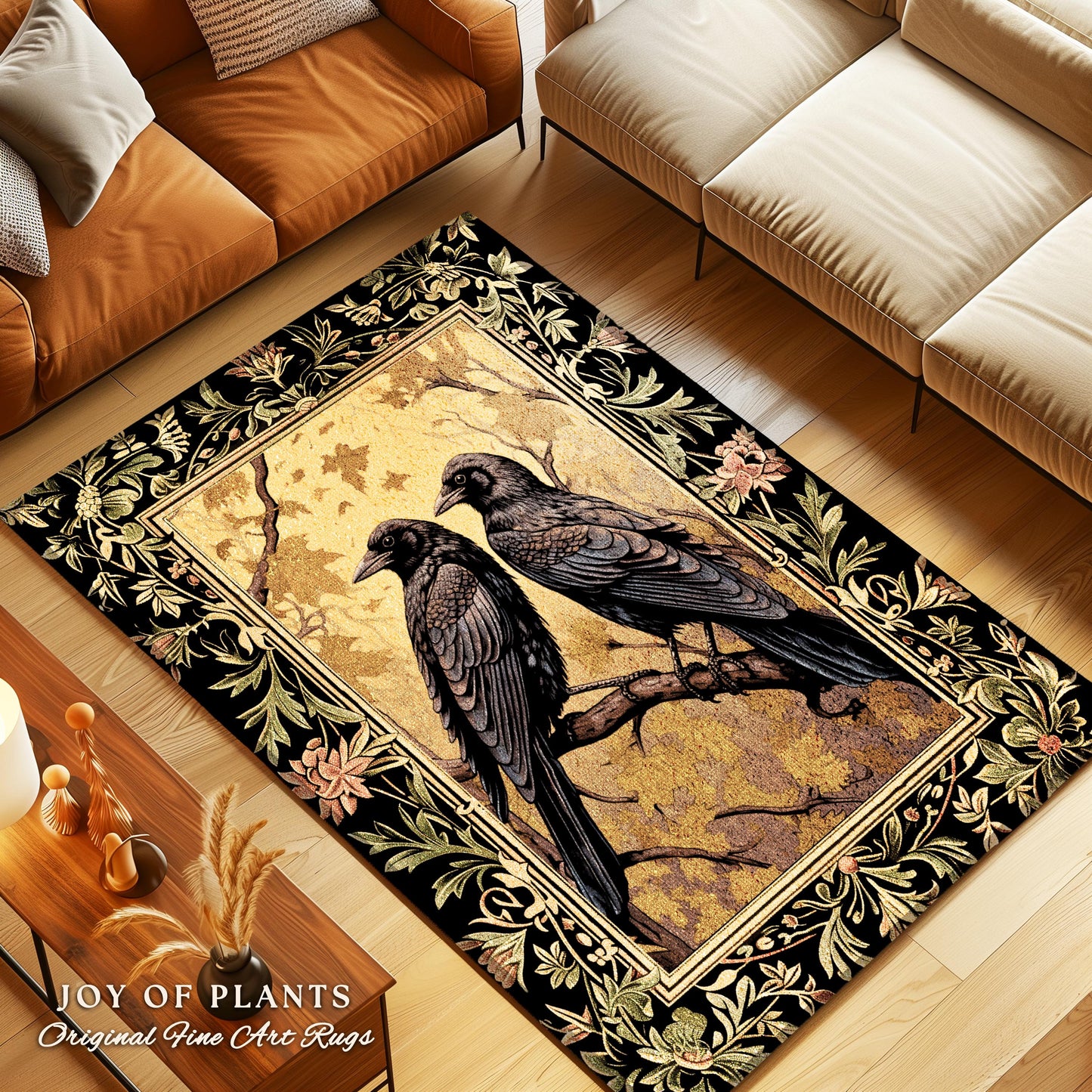 Golden Gothic Raven Rug Whimsical Cottagecore Botanical Decor | Witchy Cottage Aesthetic Vintage Crowcore Rustic Farmhouse Style