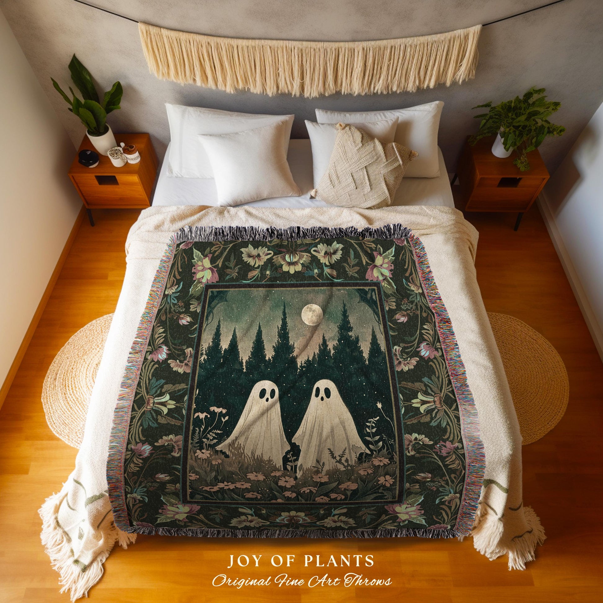 Floral Landscape Halloween Ghost Friends | Woven Throw Blanket Macabre Wall Art Ghost Decor Spooky Tapestry Gift for Halloween Gothic Art |