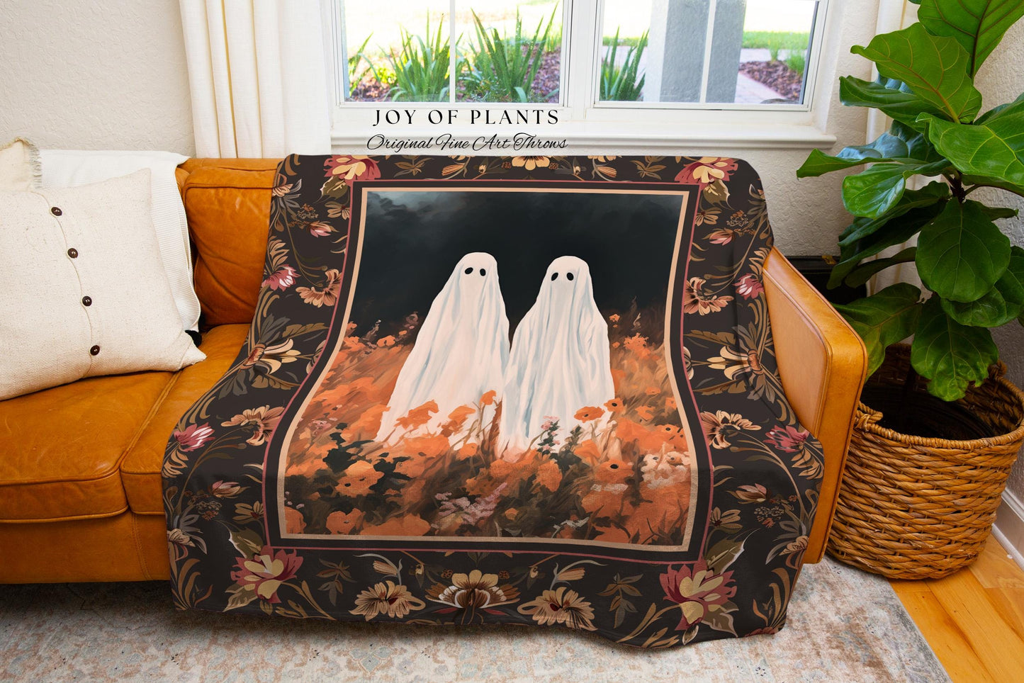 Ghost Friends Fall Halloween Blanket Woven Throw Whimsigothic Wall Art Spooky Ghost Tapestry Gift for Goth Dark Cottagecore Autumn Decor