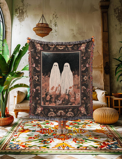 Ghost Friends Fall Halloween Blanket Woven Throw Whimsigothic Wall Art Spooky Ghost Tapestry Gift for Goth Dark Cottagecore Autumn Decor