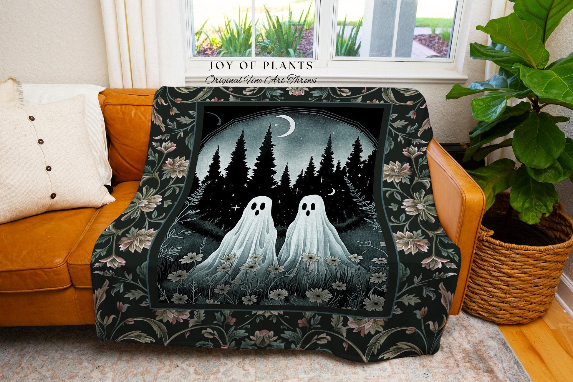 Celestial Ghost Tapestry Woven Throw Blanket Moody Ethereal Wall Art Cute Ghost Gift Floral Dark Cottagecore Bedroom Decor Spooky Blanket