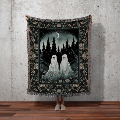 Celestial Ghost Tapestry Woven Throw Blanket Moody Ethereal Wall Art Cute Ghost Gift Floral Dark Cottagecore Bedroom Decor Spooky Blanket