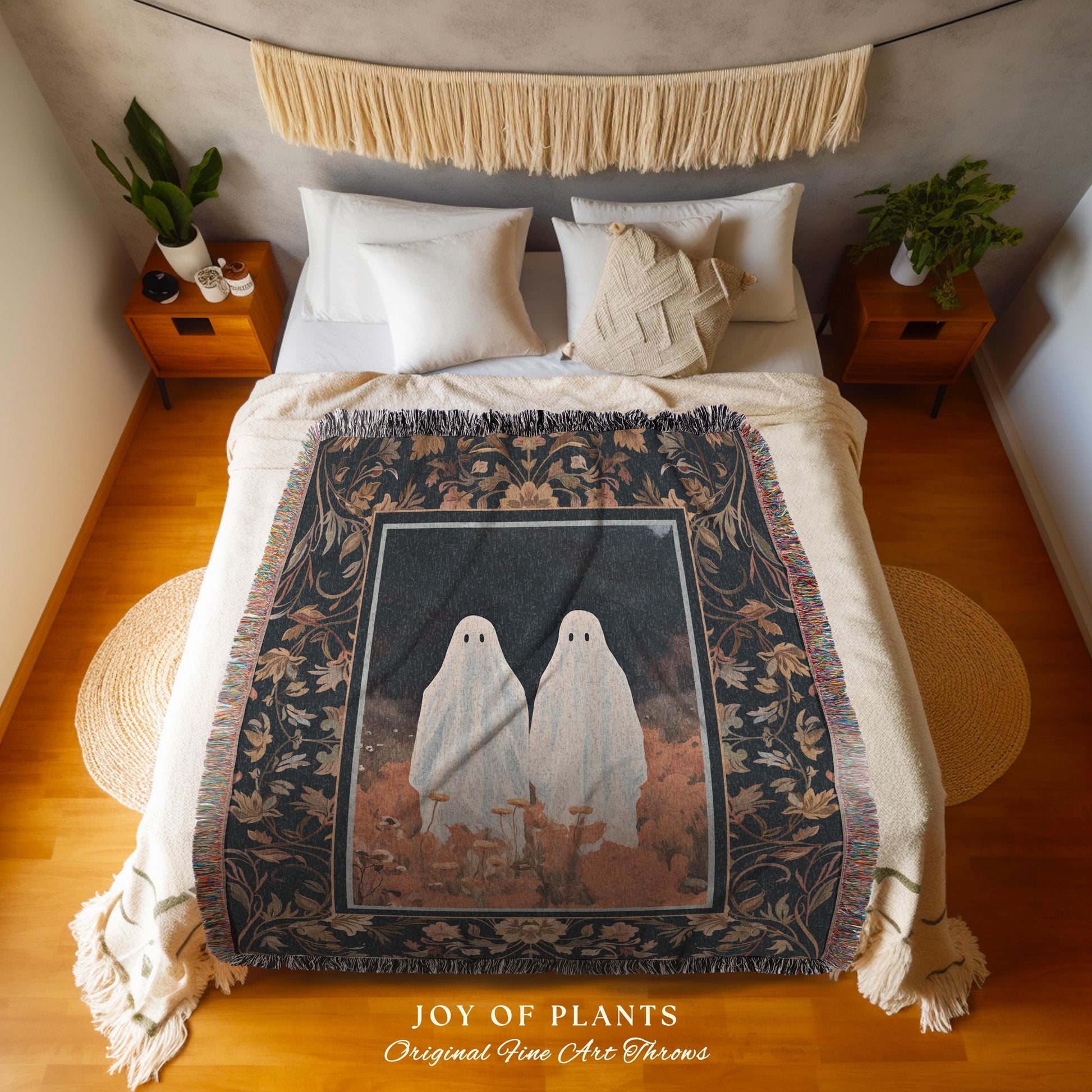 Spooky Cute Ghost Tapestry Whimsigothic Art Halloween Cute Ghost Blanket Woven Tapestry Fall Floral Gothic Decor Dark Cottagecore Wall Art