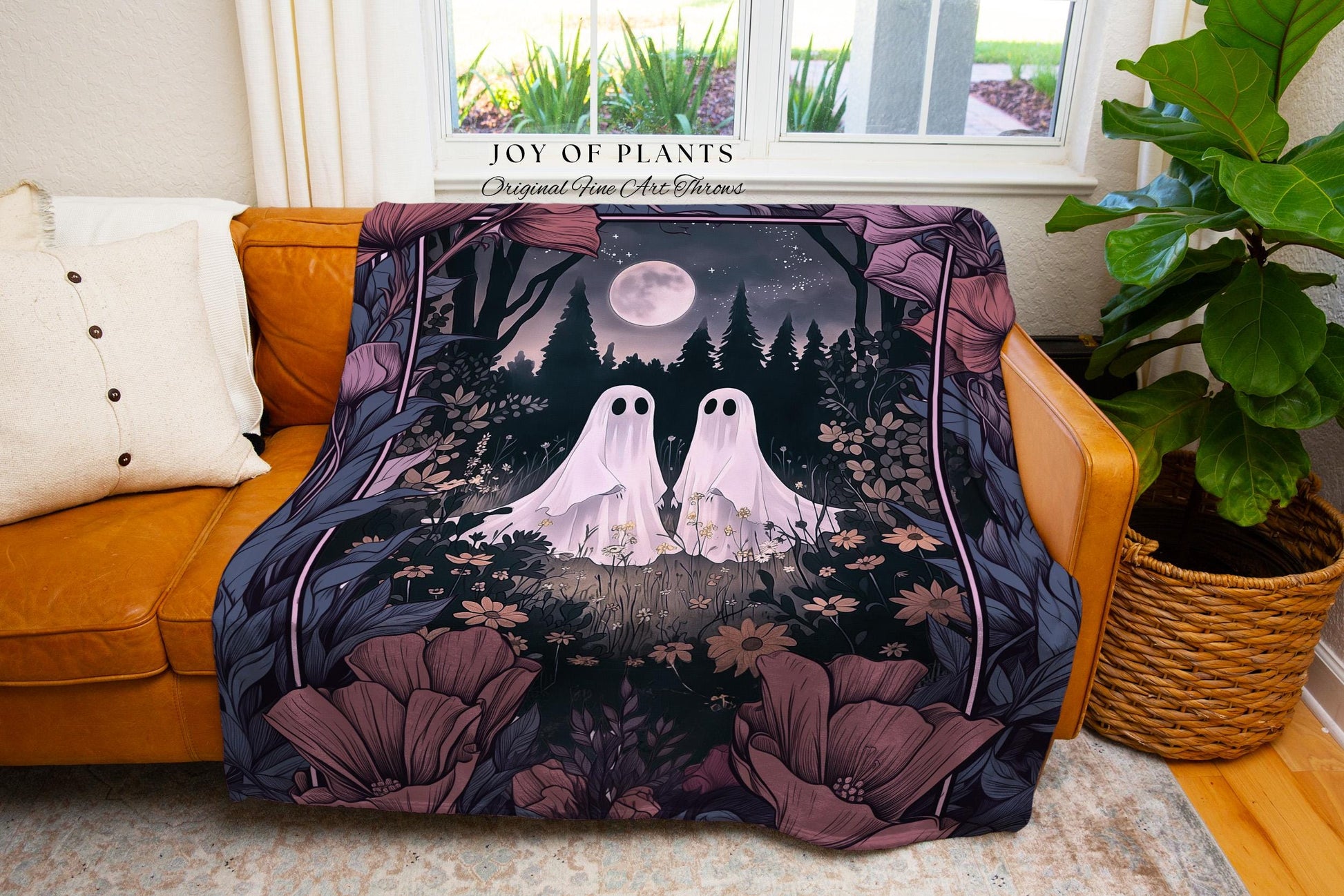 Dark Floral Whimsigoth Ghost Friends Blanket Full Moon Spooky Tapestry Celestial Ghost Gift Fairycore Woven Throw Blanket Cottagecore Decor