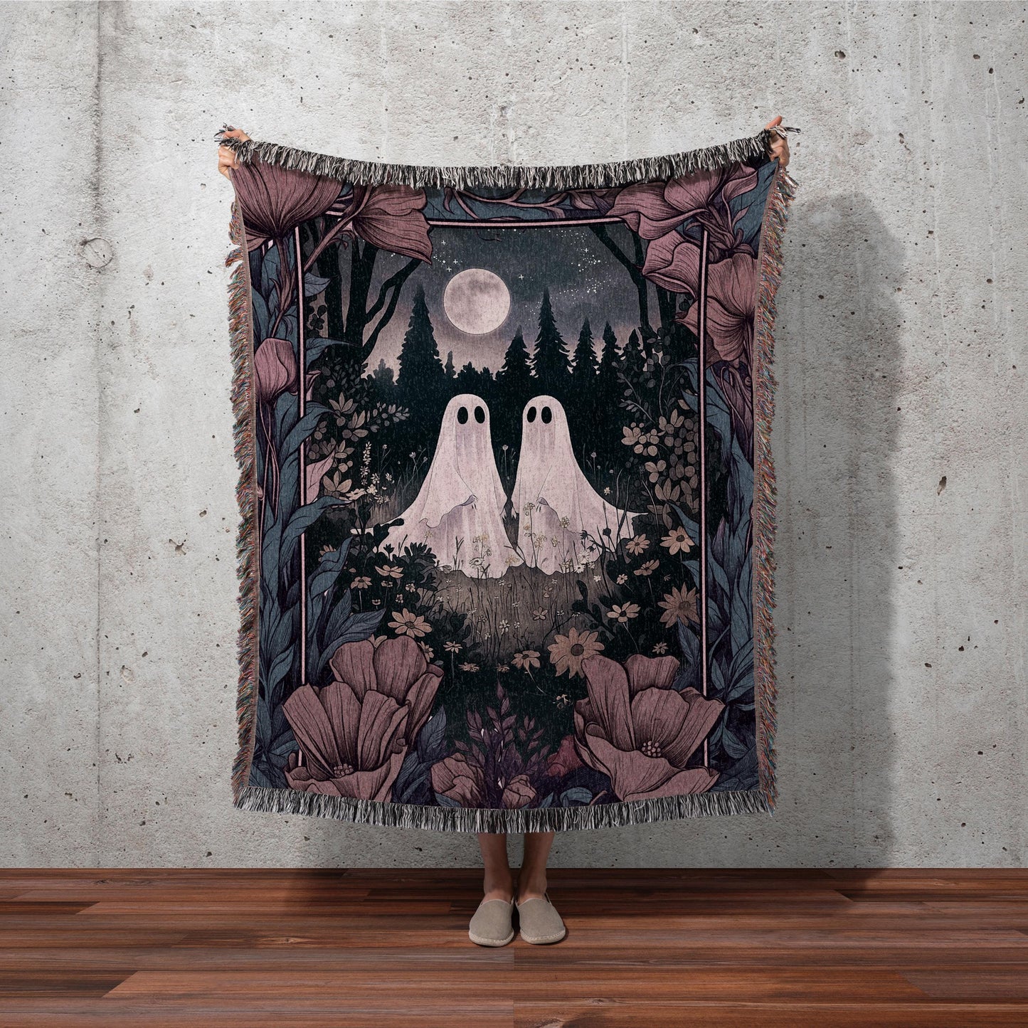 Dark Floral Whimsigoth Ghost Friends Blanket Full Moon Spooky Tapestry Celestial Ghost Gift Fairycore Woven Throw Blanket Cottagecore Decor