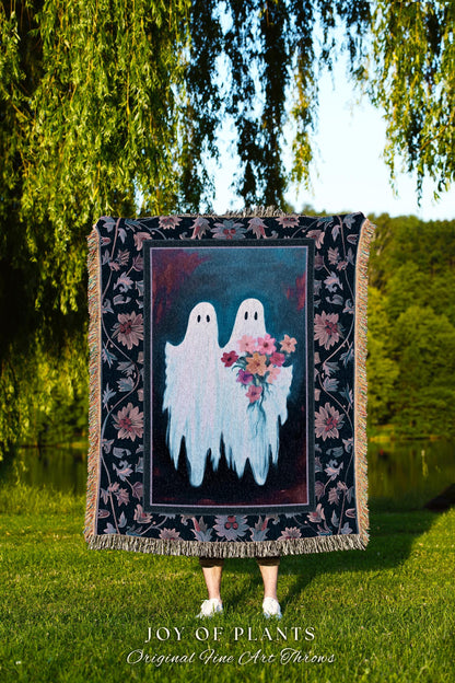 Ethereal Ghost Blanket Spooky Cute Room Decor Moody Dark Whimsical Soft Cottagecore Tapestry Whimsigoth Woven Wall Art Gift for Ghost Lover