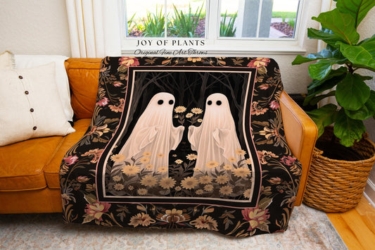 Boho Cottagecore Floral Ghost Art Tapestry Woven Throw Spooky Ghost Blanket Dark Academia Decor Whimsigothic Tapestry Coquette Aesthetic