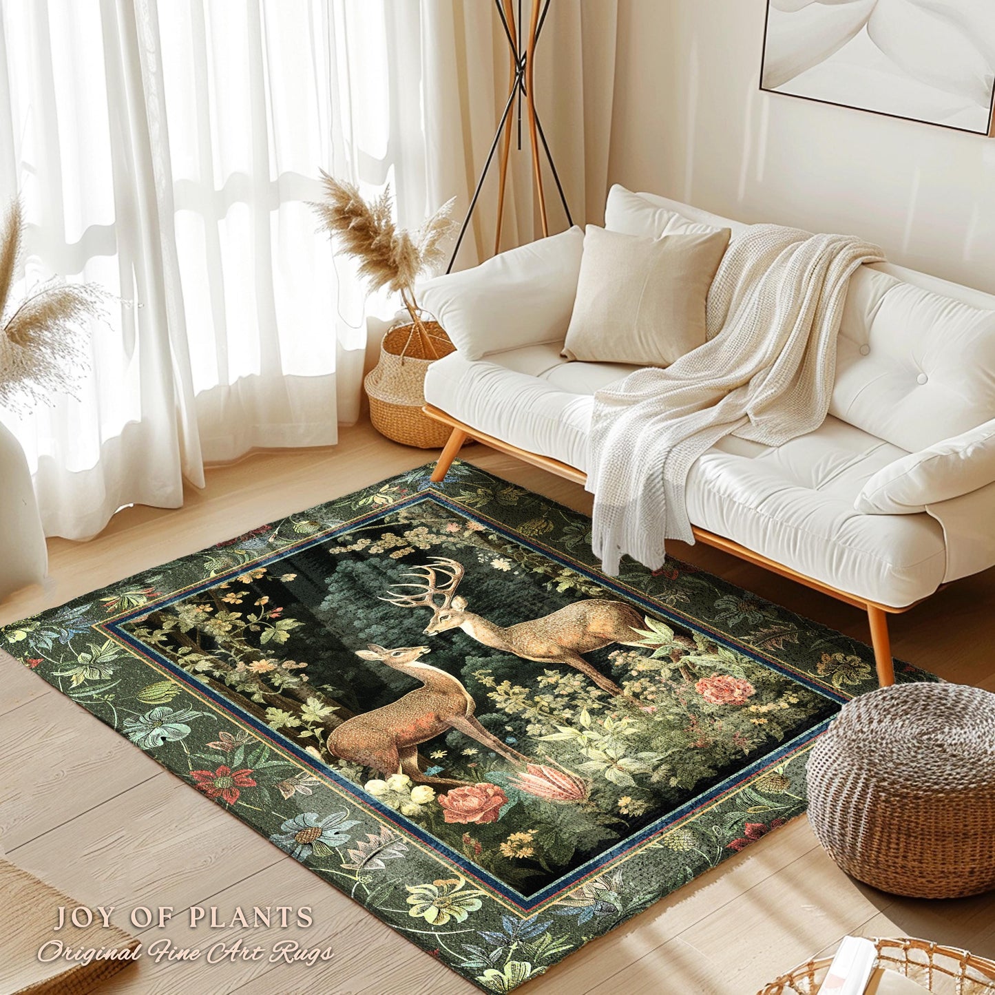Mystic Woodland Forest Deer Area Rug | Spirit Animal Ethereal Earthy Whimsigoth Dark Botanical Bedroom Rug Whimsical Folklore Nursery Theme