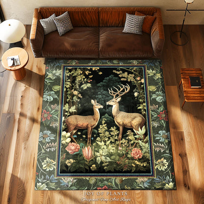 Mystic Woodland Forest Deer Area Rug | Spirit Animal Ethereal Earthy Whimsigoth Dark Botanical Bedroom Rug Whimsical Folklore Nursery Theme