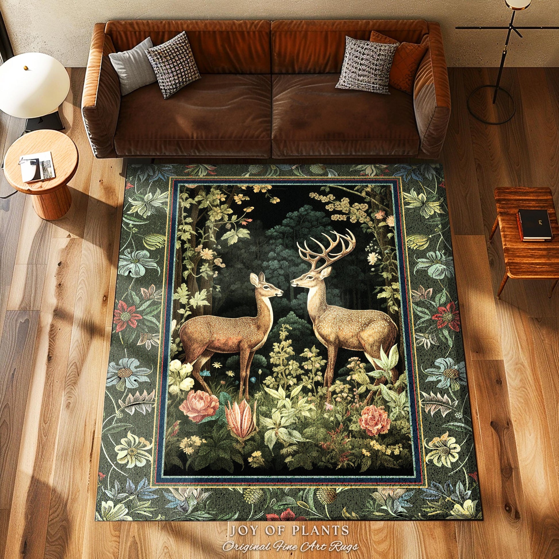 Mystic Woodland Forest Deer Area Rug | Spirit Animal Ethereal Earthy Whimsigoth Dark Botanical Bedroom Rug Whimsical Folklore Nursery Theme