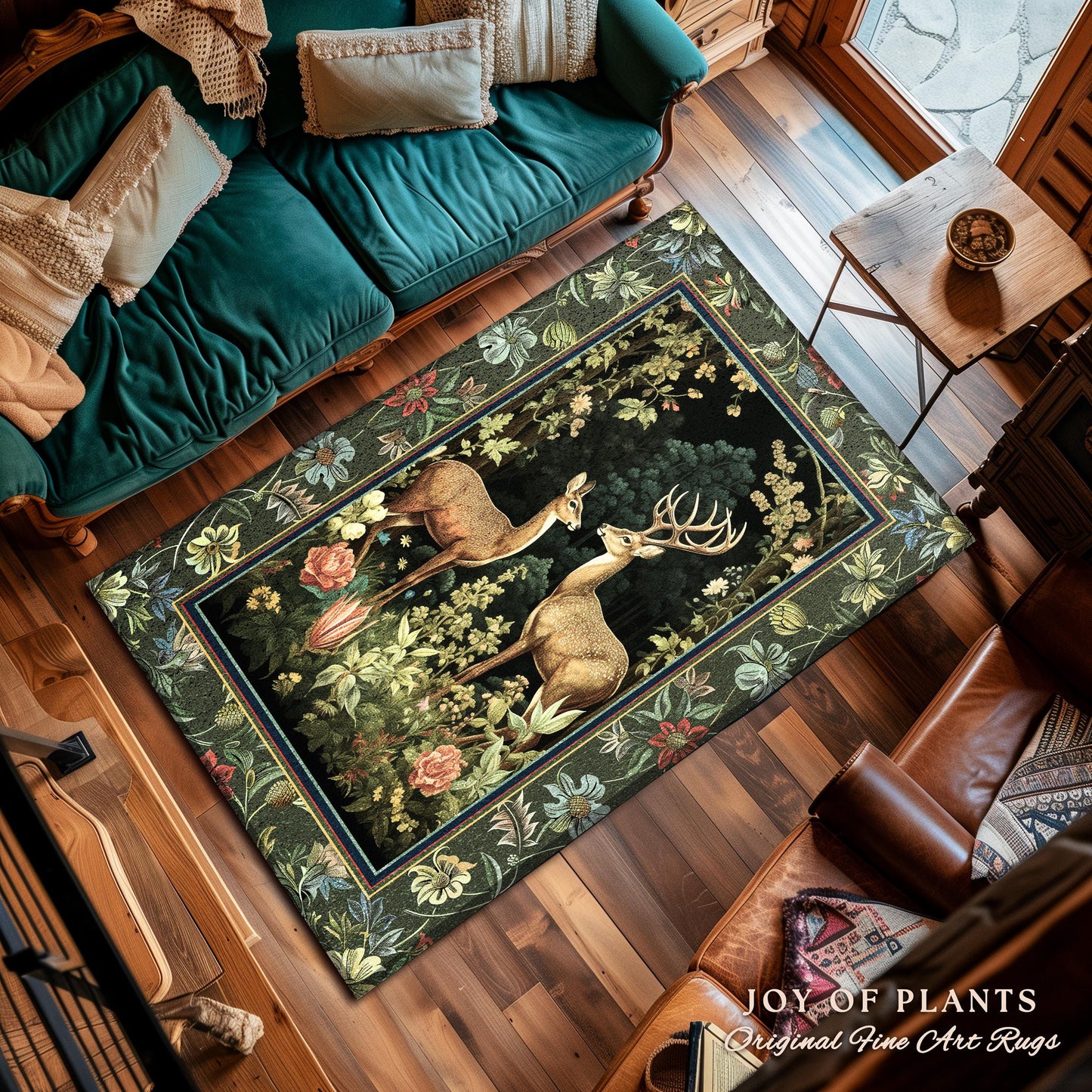 Mystic Woodland Forest Deer Area Rug | Spirit Animal Ethereal Earthy Whimsigoth Dark Botanical Bedroom Rug Whimsical Folklore Nursery Theme