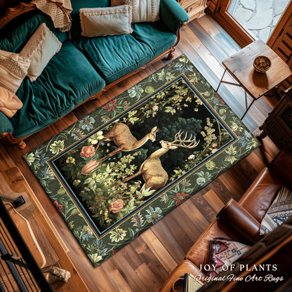 Mystic Woodland Forest Deer Area Rug | Spirit Animal Ethereal Earthy Whimsigoth Dark Botanical Bedroom Rug Whimsical Folklore Nursery Theme