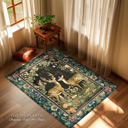 Dark Forestcore Mystic Deer Lovers Rug Woodland Gothic Decor | Victorian Gothic Botanical Cottagecore Rug Whimsical Deer Lovers Nature Rug