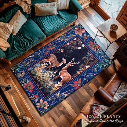 Misty Indigo Woods Ethereal Deer Rug | Woodland Spirit Nature Botanical Home Accent Fairycore Dark Academia Bedroom Whimsical Folklore Theme
