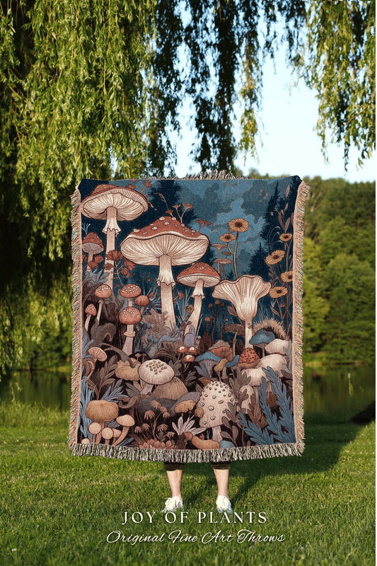 Retro Mushroom Tapestry Woven | Eclectic Throw for Mushroom Lover Gift Whimsical Room Design Reading Nook Aesthetic Toadstool Blanket |