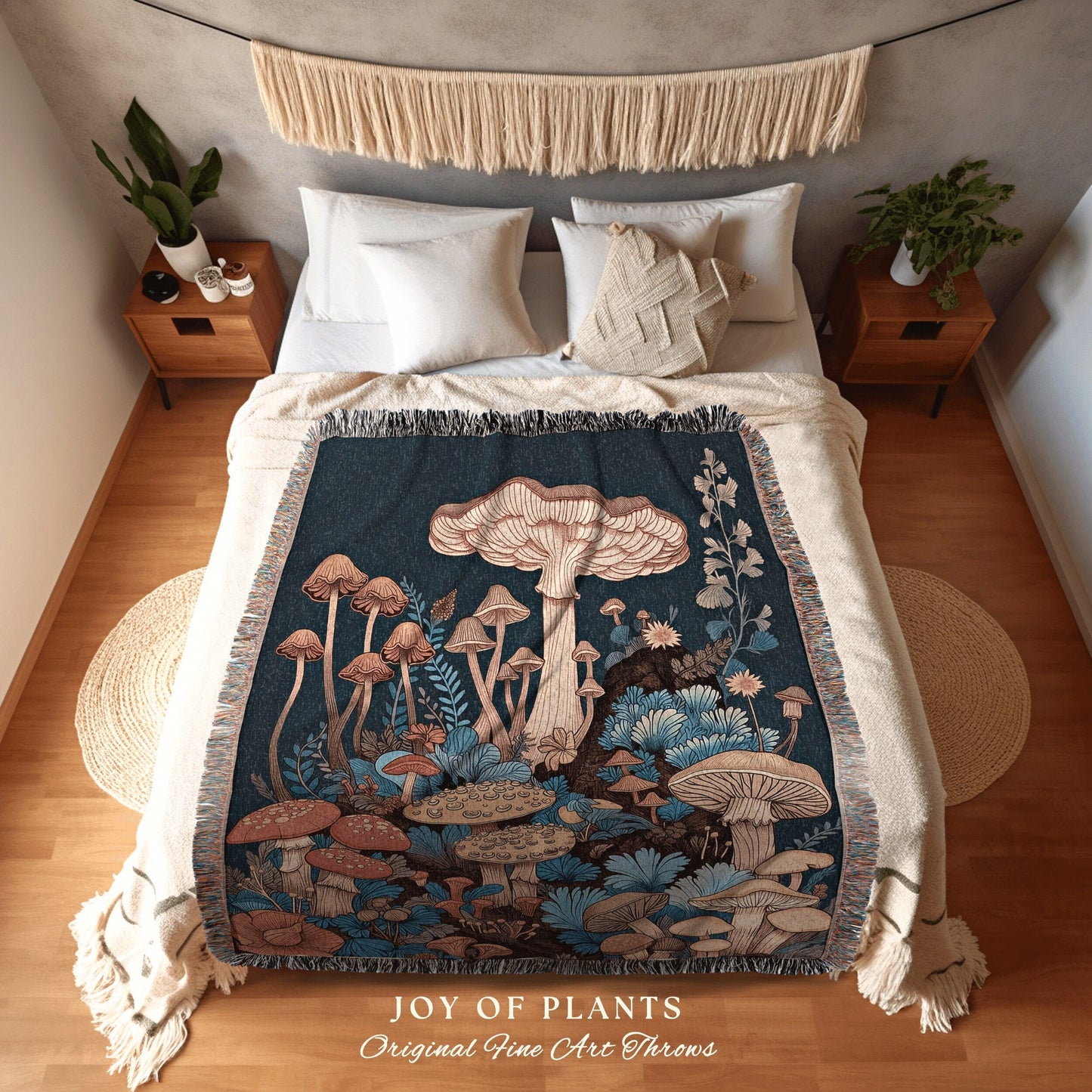 Mystic Forest Woven Fringe Blanket | Cottagecore Throw for Mushroom Lover Whimsical Room Decor Reading Nook Aesthetic Toadstool Tapestry |