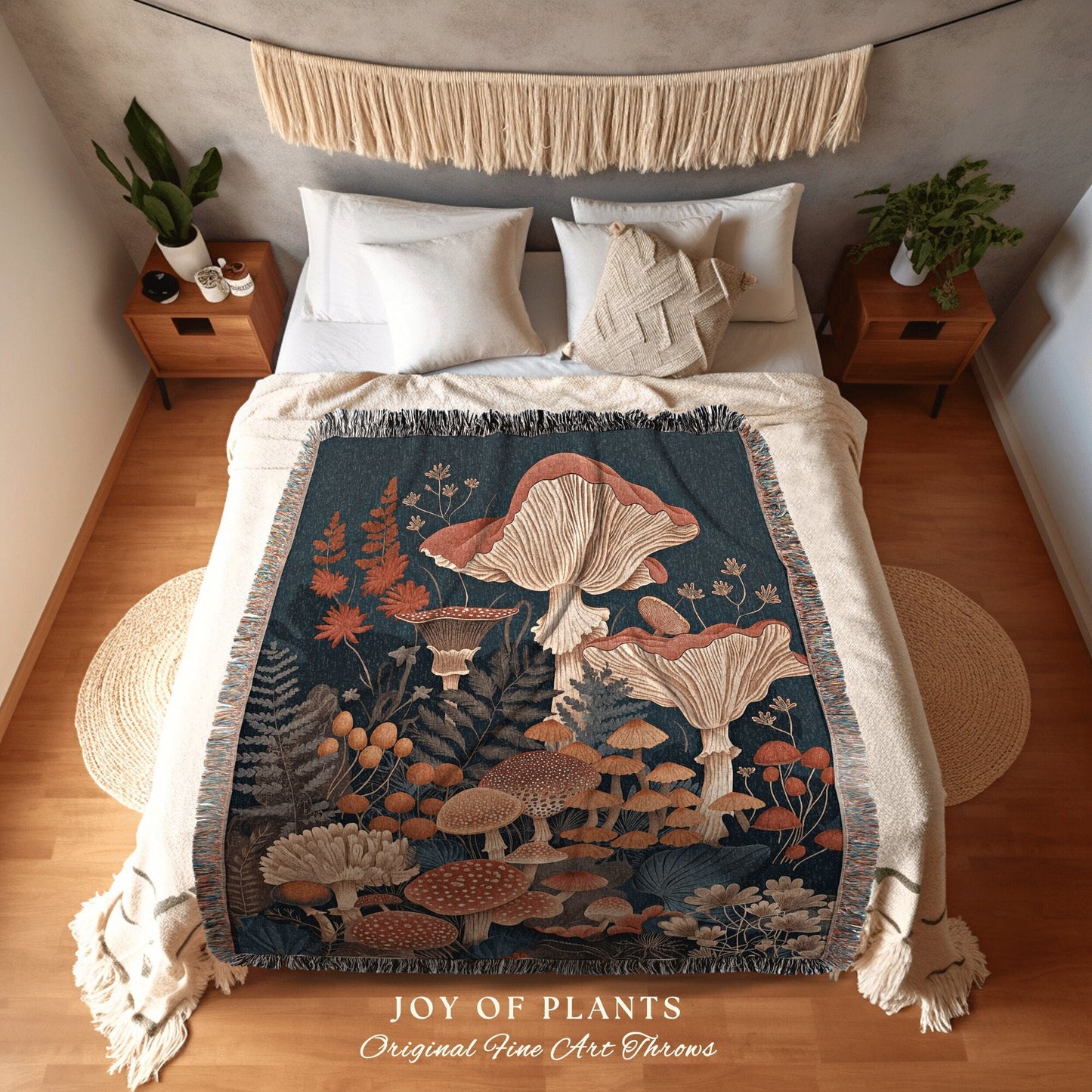 Fungi Forest Eclectic Throw | Woodland Tapestry for Mushroom Lover Gift Whimsical Room Decor Reading Aesthetic Cozy Cottagecore Blanket |