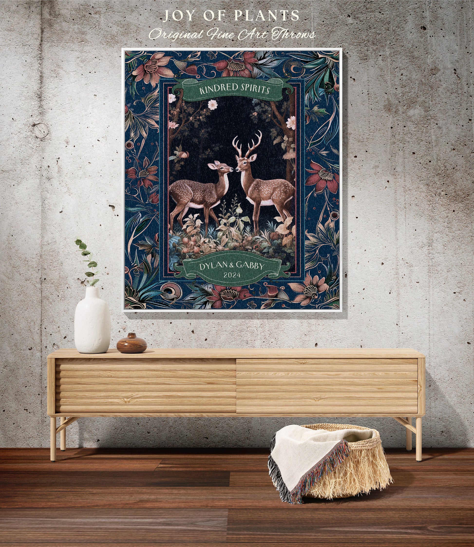 Indigo Floral Deer Couple Woven Tapestry | Ethereal Forest Woodland Aesthetic Personalized Wedding Tapestry Unique Gift Idea for Girlfriend