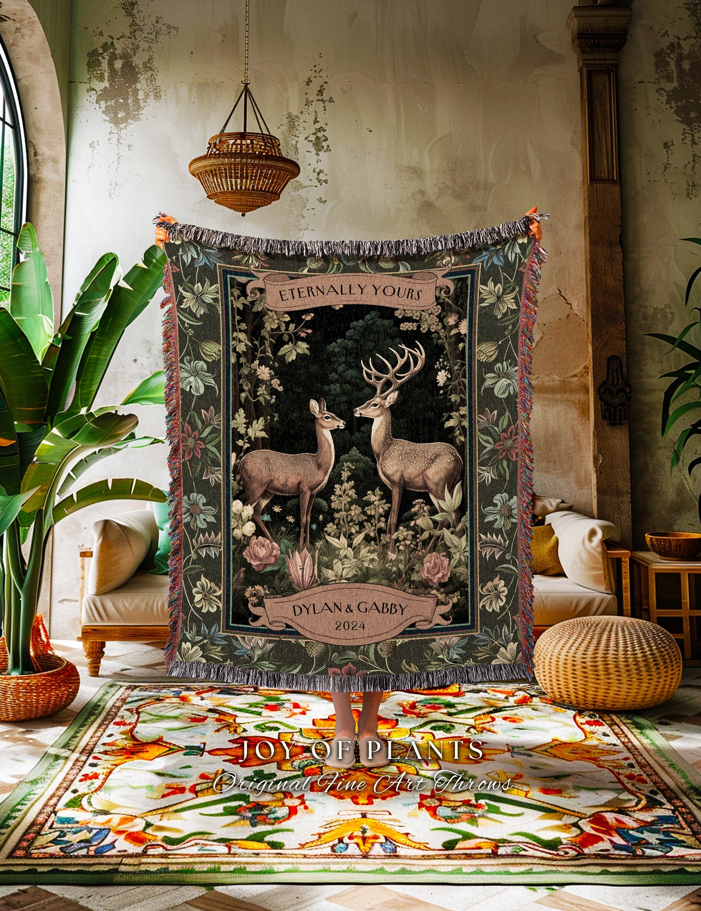 Ethereal Deer Couple Floral Woven Blanket | Mystic Forest Woodland Aesthetic Personalized Wedding Tapestry Unique Gift Idea for Boyfriend |