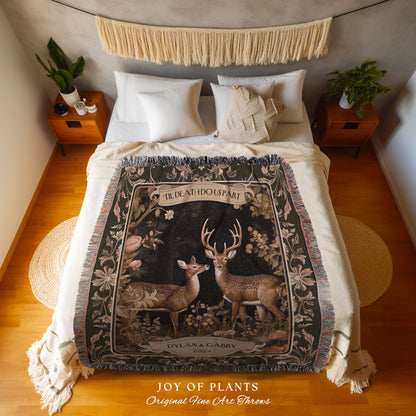 Celestial Deer Couple Custom Throw Blanket | Ethereal Forest Woodland Aesthetic Personalized Wedding Anniversary Tapestry Unique Gift Idea |