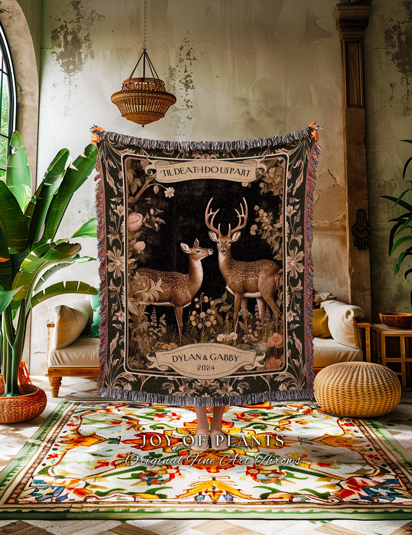 Celestial Deer Couple Custom Throw Blanket | Ethereal Forest Woodland Aesthetic Personalized Wedding Anniversary Tapestry Unique Gift Idea |