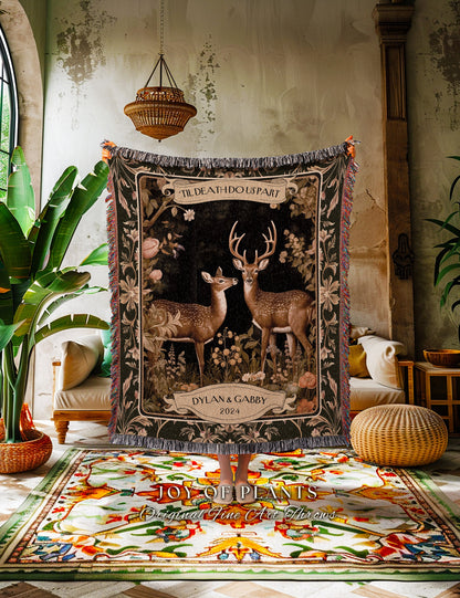 Celestial Deer Couple Custom Throw Blanket | Ethereal Forest Woodland Aesthetic Personalized Wedding Anniversary Tapestry Unique Gift Idea |