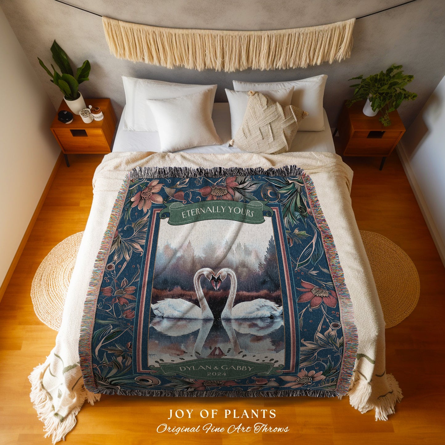 Woven Cotton Swan Blanket for Couple Personalized Gift, Ethereal Wedding Cottagecore Gift Tapestry Throw Custom Gift Sentimental Anniversary