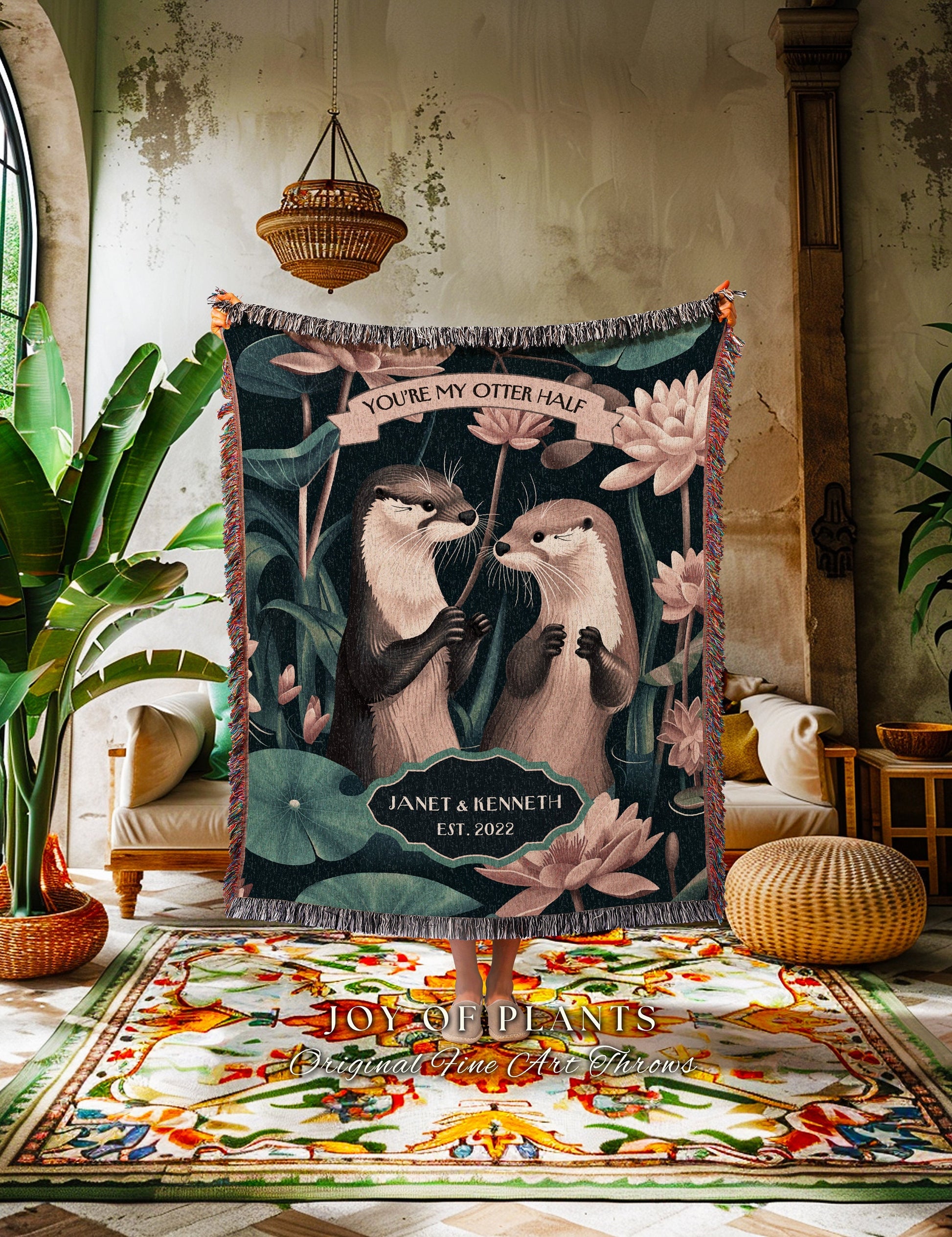 Cozy Otter Lovers Personalized Throw | Whimsical Anniversary Gift Custom Established Date Tapestry 'You're my Otter Half' Blanket for Wife |