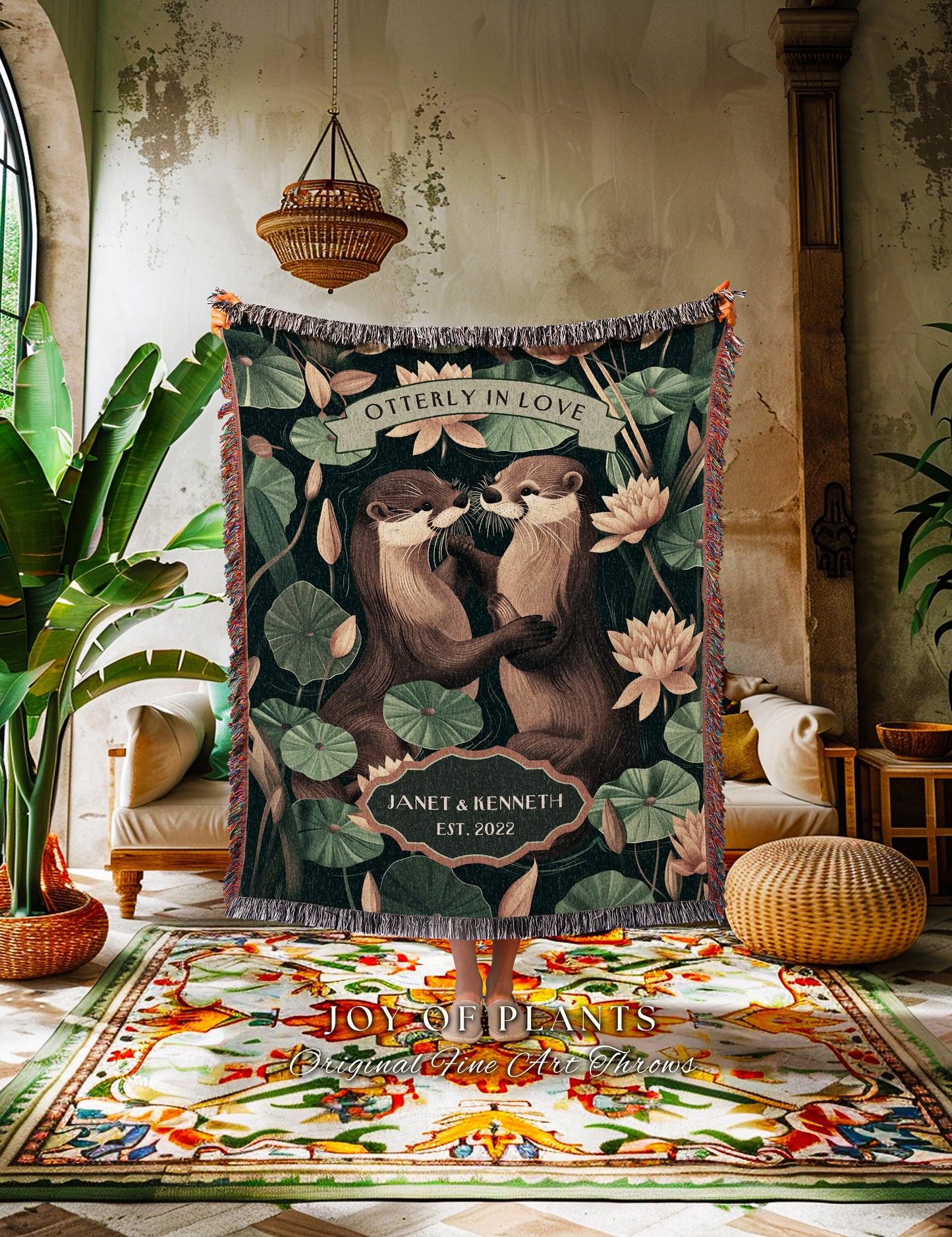 Adorable Otter Couple Personalized Throw | Woodland Wedding Anniversary Gift Custom Established Date Blanket 'Otterly in Love' Gift for Wife