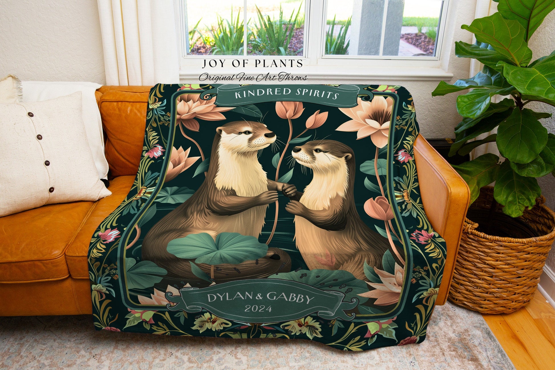 Otter Lovers Custom Blanket Personalized Anniversary Gift Custom Name Tapestry Throw | Botanical Cottagecore Couple Keepsake Wedding Gift