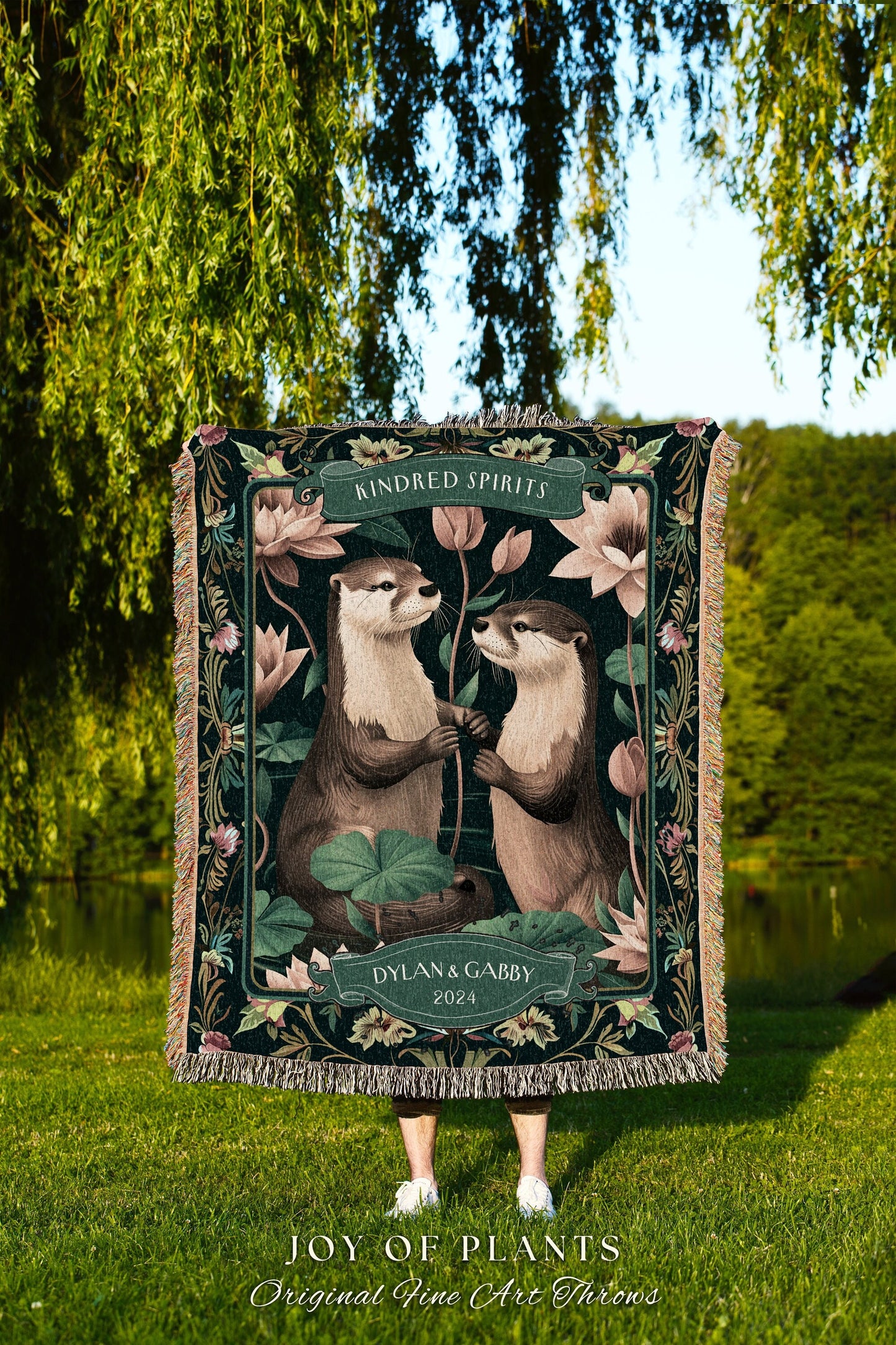 Otter Lovers Custom Blanket Personalized Anniversary Gift Custom Name Tapestry Throw | Botanical Cottagecore Couple Keepsake Wedding Gift