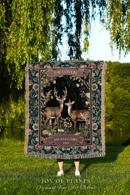 Outdoorsy Deer Couple Woven Blanket Custom | Victorian Gothic Forest Aesthetic Personalized Tapestry Wedding Unique Gift Idea for Girlfriend