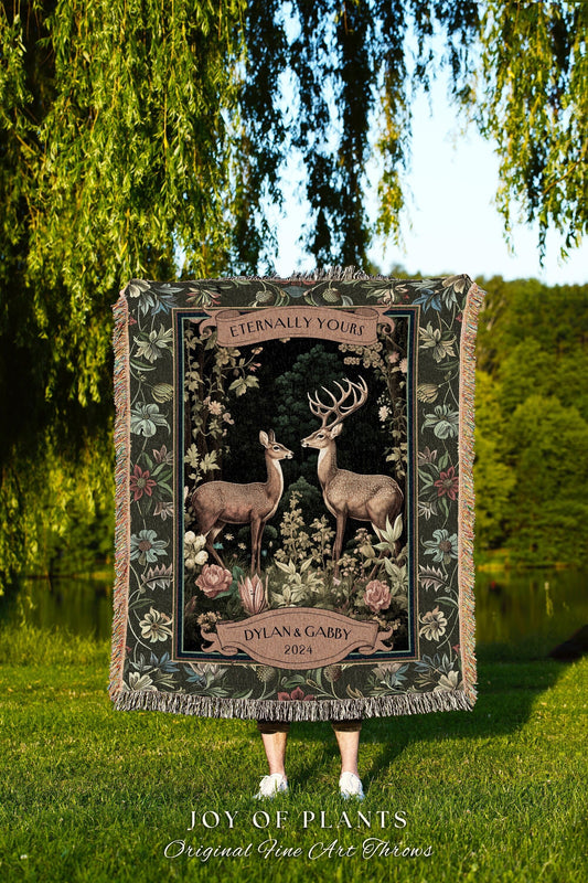 Ethereal Deer Couple Floral Woven Blanket | Mystic Forest Woodland Aesthetic Personalized Wedding Tapestry Unique Gift Idea for Boyfriend |