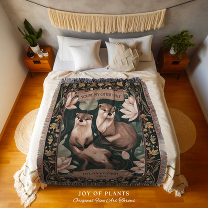 Woodland Otter Couple Custom Blanket | Cottagecore Dating Anniversary Custom Established Date Blanket 'You're my Otter Half' Gift for Wife