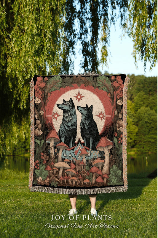 Mystical Wolf Tapestry Blanket | Cottagecore Gift for Wolf Lover Nordic Aesthetic Nordic Blanket Medieval Style Nordic Throw Mushroomcore