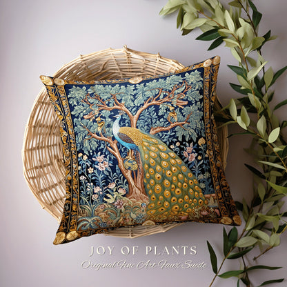 Classic Aesthetic Peacock Throw Pillow | William Morris Inspired Peacock Woodland Decor Cushion Botanical Ornate Home Decor Eclectic Accent