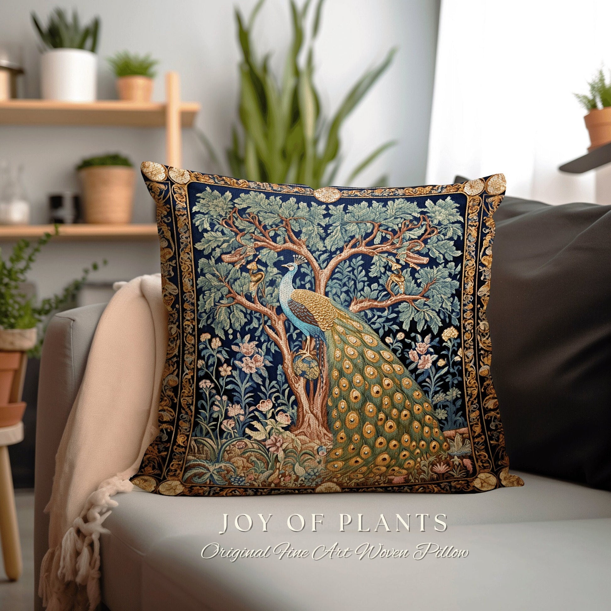 Classic Aesthetic Peacock Throw Pillow | William Morris Inspired Peacock Woodland Decor Cushion Botanical Ornate Home Decor Eclectic Accent