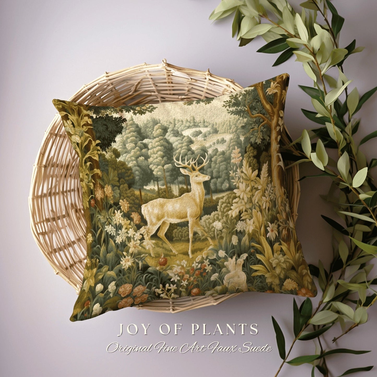 Mystic Meadow Deer Pillow | William Morris Inspired Woodland Fairycore Decor Cushion Maximalist Ornate Home Decor Throw Pillow Eclectic