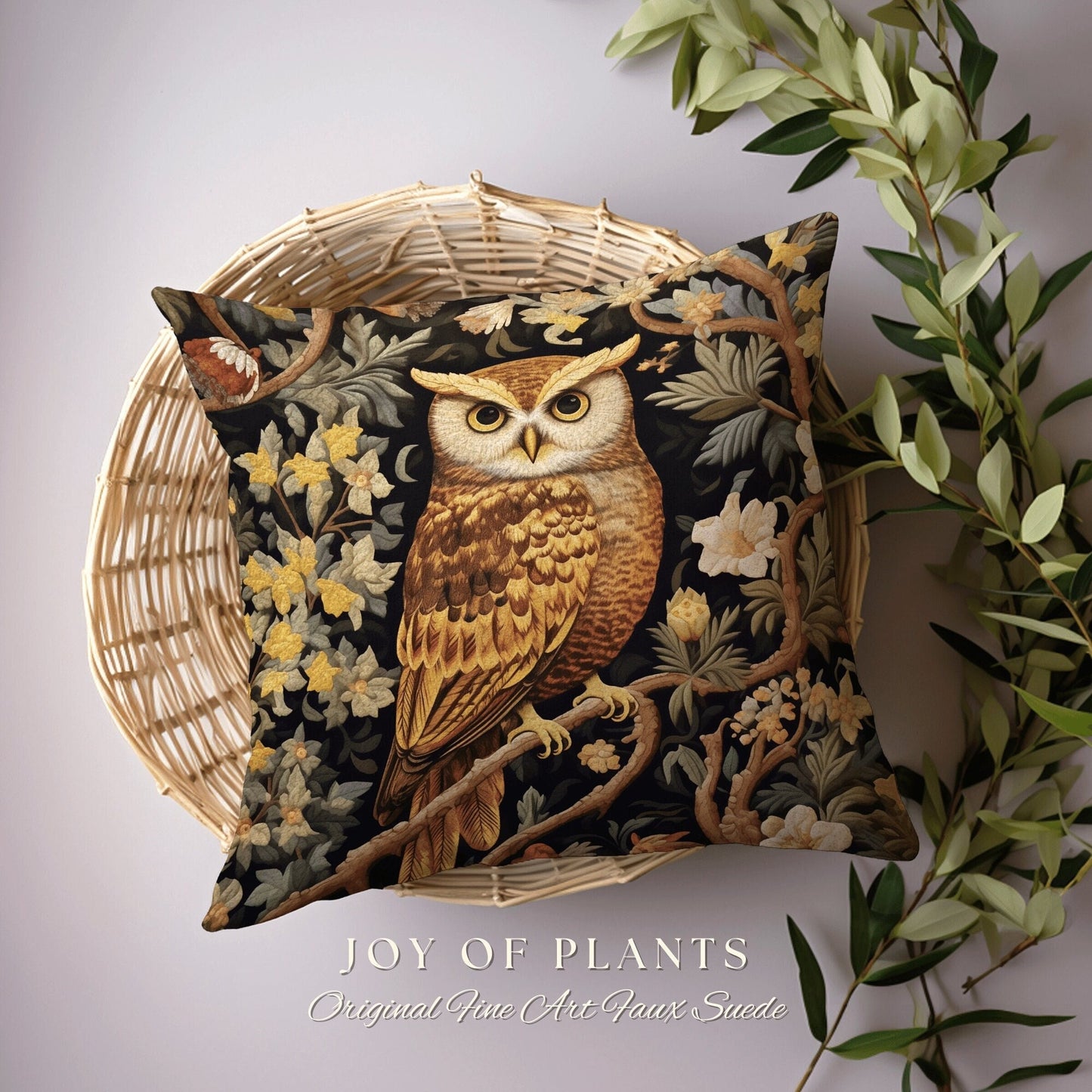 Morris Owl Woven Throw Pillow | William Morris Inspired Throw Pillow Woodland Forestcore Decor Pillow Maximalist Home Decor Throw Pillow Owl