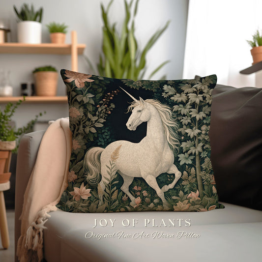 Fairycore Unicorn Pillow Woven | William Morris Inspired Pillow Woodland Decor Pillow Magical Home Decor Throw Pillow Botanical Unicorn Art