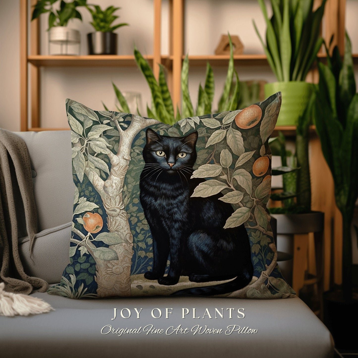 Black Cat Throw Pillow Woven | Botanical William Morris Inspired Pillow Cottagecore Decor Pillow Home Decor Throw Pillow Black Cat Decor |