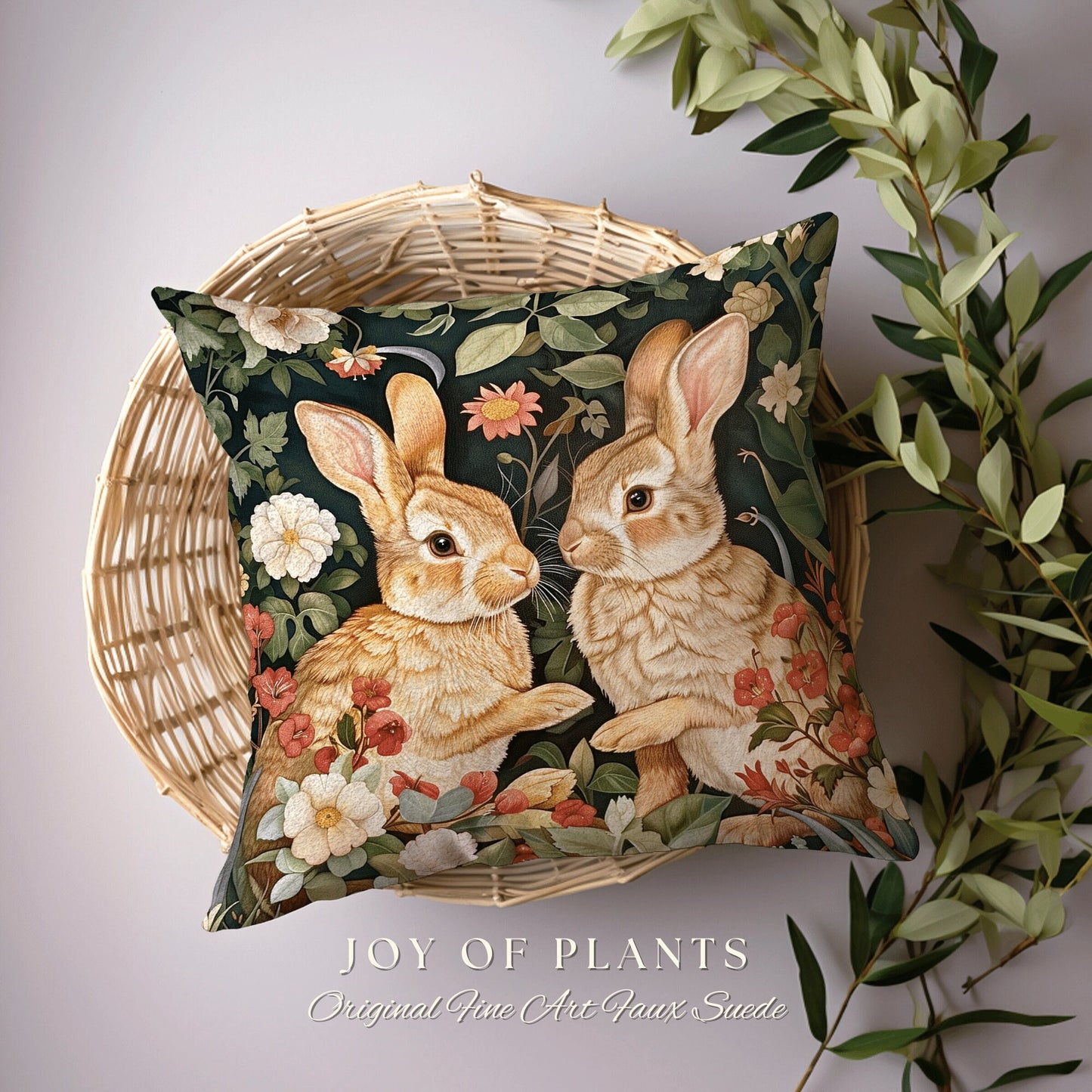 Cute Bunnies Throw Pillow | Fairy Core Woven Accent Pillow Cottagecore Rabbit Room Decor Bunny Cushion Forestcore Light Academia Botanical