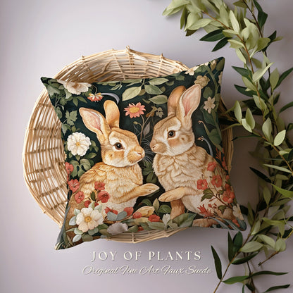 Cute Bunnies Throw Pillow | Fairy Core Woven Accent Pillow Cottagecore Rabbit Room Decor Bunny Cushion Forestcore Light Academia Botanical