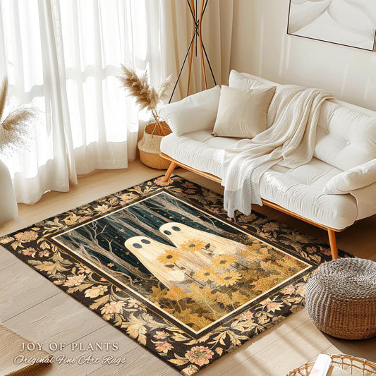 Boho Cottagecore Floral Ghost Rug Rustic Home Decor | Spooky Decor Enchanted Forestcore Cute Ghost Friends Rug Gift Whimsigoth Home Decor